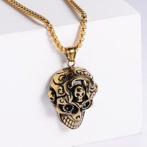 Gold Tone Retro Punk Rock Skull Head Pendant Necklace Stainless Steel
